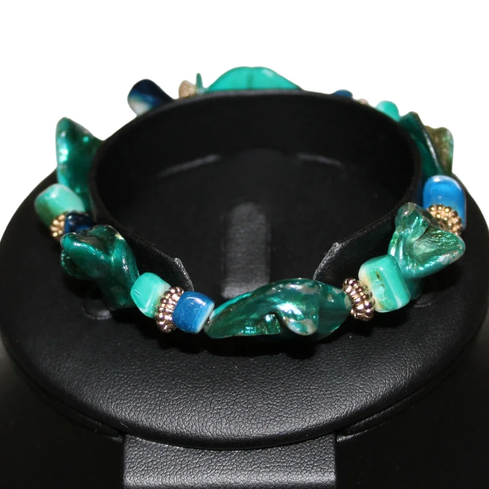 Painted Art Glass Blue Green Seafoam Shimmer MermaidCore Chunky Stretch Bracelet